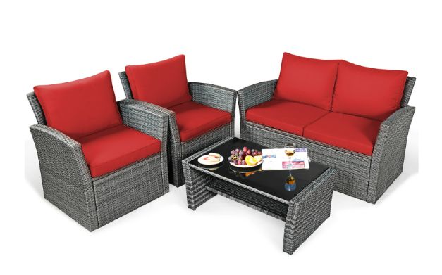 Costway 4PCS Patio Rattan Furniture Set Sofa Table W/Storage Shelf And Cushion