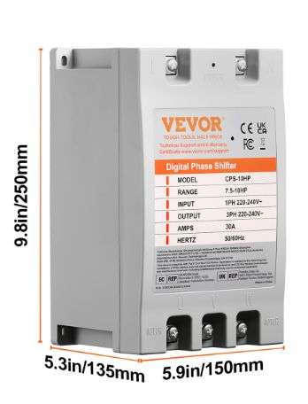 VEVOR 3 Phase Converter - 10HP 30A 220V Single Phase to 3 Phase Converter