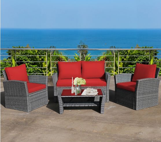 Costway 4PCS Patio Rattan Furniture Set Sofa Table W/Storage Shelf And Cushion