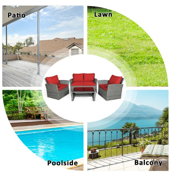 Costway 4PCS Patio Rattan Furniture Set Sofa Table W/Storage Shelf And Cushion