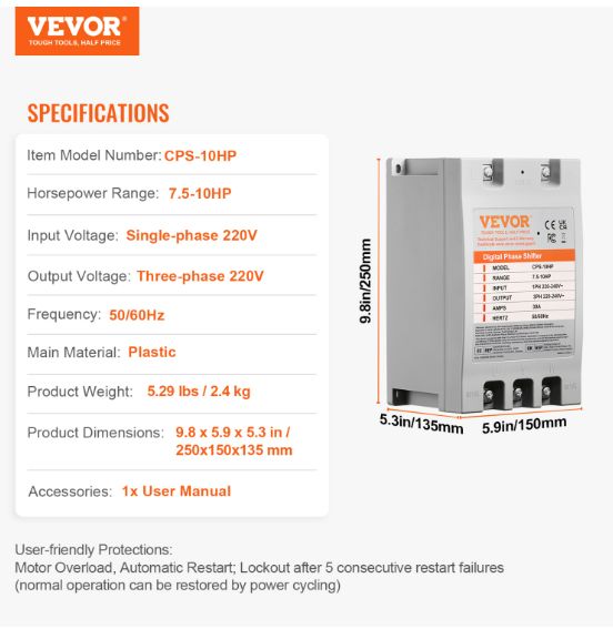 VEVOR 3 Phase Converter - 10HP 30A 220V Single Phase to 3 Phase Converter
