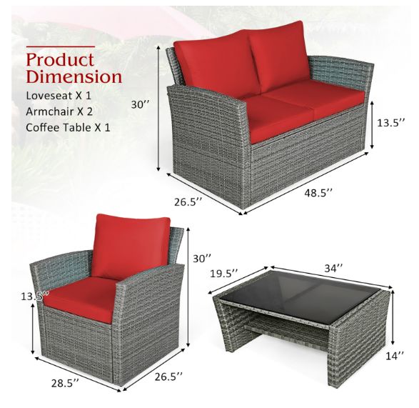 Costway 4PCS Patio Rattan Furniture Set Sofa Table W/Storage Shelf And Cushion